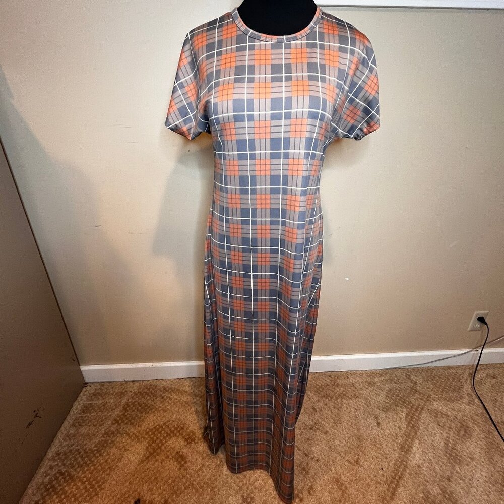 LuLaRoe Women's Size XS Maria Maxi Dress Tan Gray Orange White Plaid Pattern